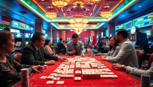 Engaging players connect tiles in link mahjong on a vibrant casino floor.