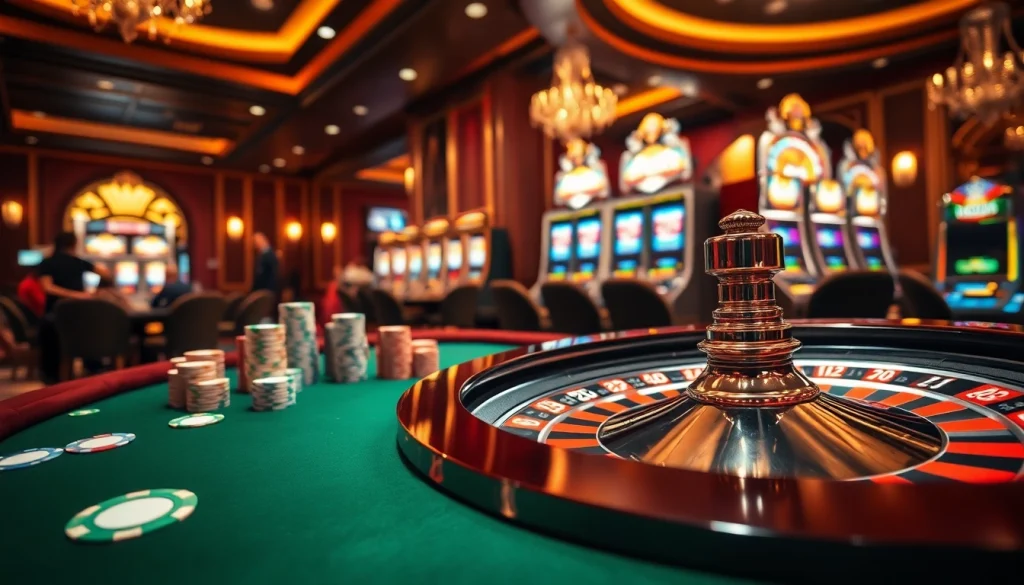 Experience the thrill of 555 win at a luxurious casino with players and vibrant gaming elements.
