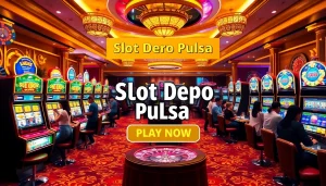 Adegan seru para pemain yang berinteraksi dengan mesin slot depo pulsa berwarna-warni di kasino mewah.