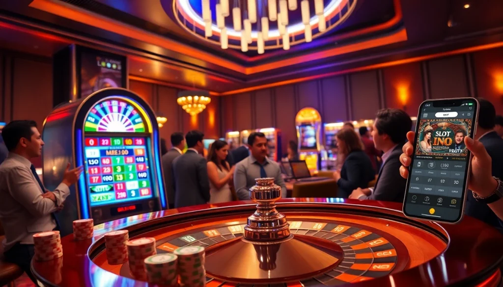 Mainkan permainan slot depo pulsa yang seru dengan mesin berwarna-warni dan suasana kasino yang menarik.