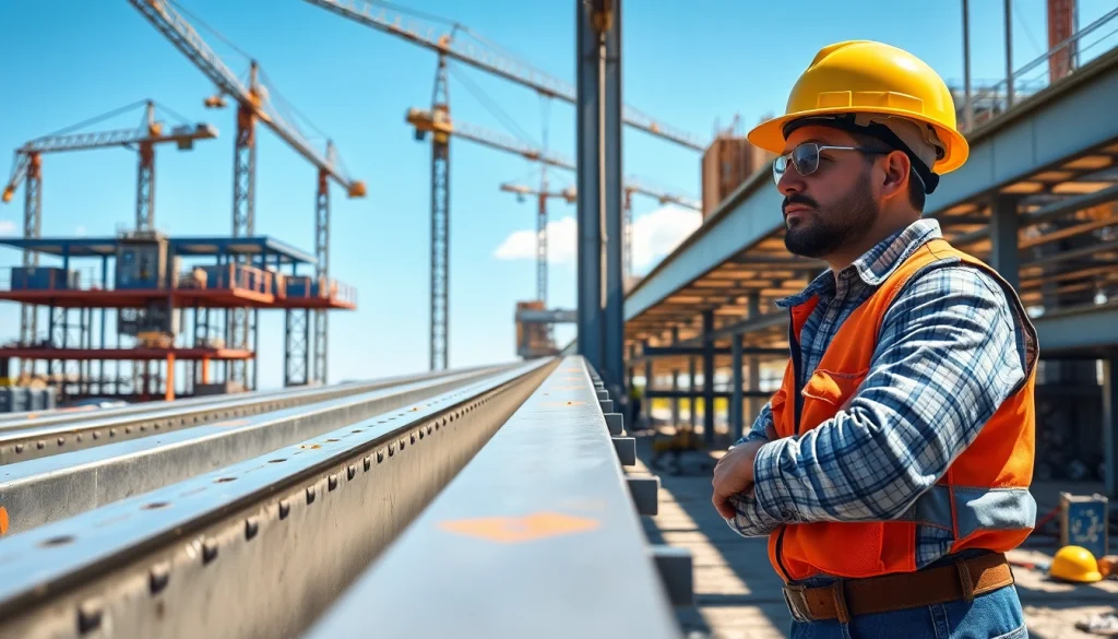 Workers engaged in structural steel installation, showcasing robust beams on a construction site.