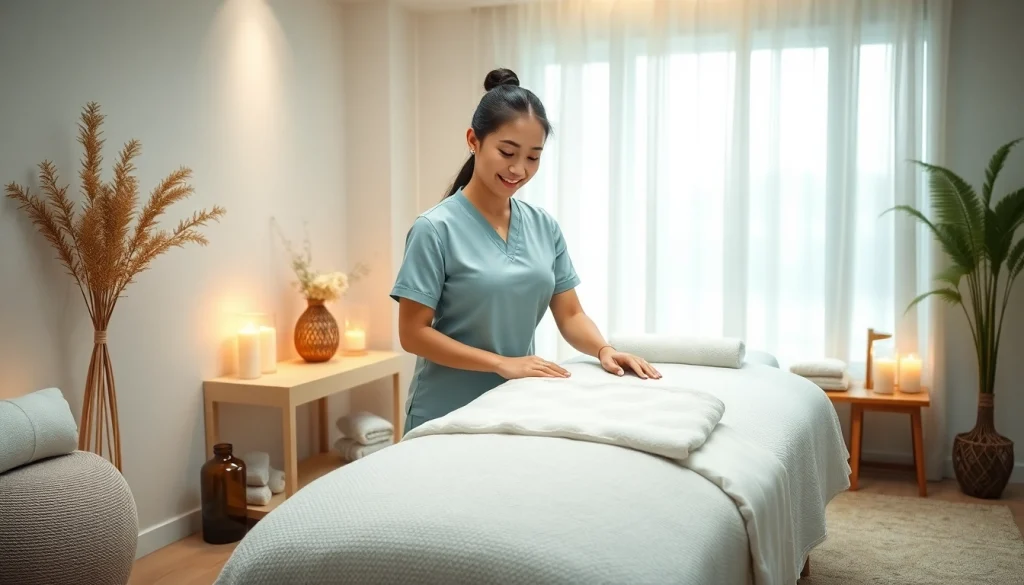 출장 massage setup with a young therapist in a serene home environment.