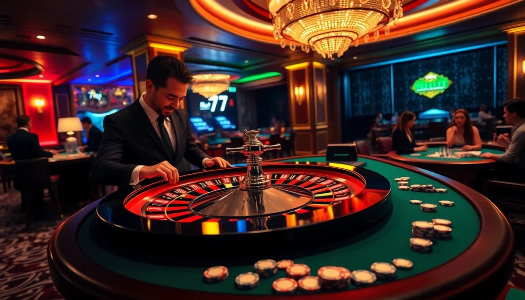 Experience the excitement of 7upbet with players engaging at a roulette table in a lavish casino.