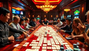 Para pemain mencocokkan ubin-ubin dalam Link Mahjong di tengah suasana kasino yang meriah.