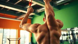 Person using pull-up resistance bands in a vibrant gym setting, showcasing strength training.