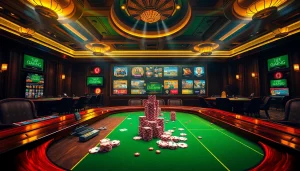 Cổng game Haywin showcases vibrant casino elements with poker chips and a digital gaming interface.