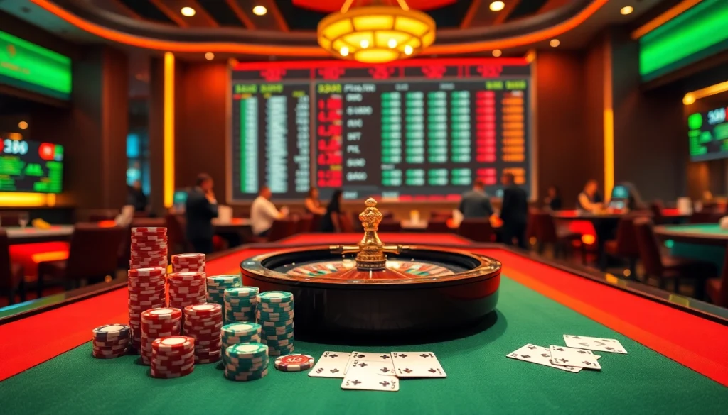 Engaging casino scene with players enjoying 388bet table games and vibrant poker chips.