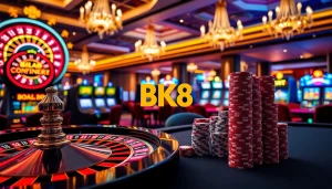 Experience thrilling gaming action at BK8 with vibrant slot machines and elegant roulette wheels.