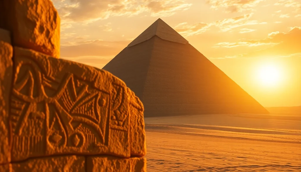 Photorealistic view of piraminds at sunset, showcasing their historical grandeur.