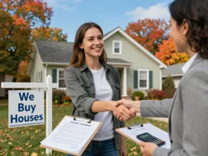 Homeowner and buyer finalizing a deal as we buy houses sign is visible.
