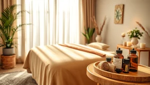 편안한 테이블, 에센셜 오일, 휴식을 위한 차분한 장식이 있는 마사지 치료실.