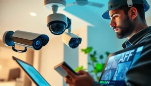 técnico de seguridad instalando cámaras de seguridad avanzadas en una casa moderna.