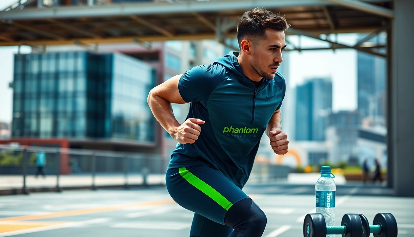 Sportler trainiert mit phantom athletics Ausrüstung in urbaner Umgebung, energiegeladen und motivierend