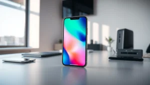 iPhone na nowoczesnym biurku, podkreślający jego elegancki design i funkcje technologiczne.