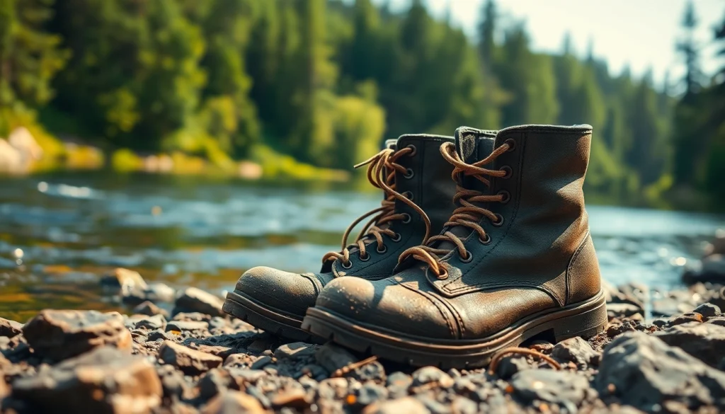 Fly fishing boots resting on a rocky riverbank with water droplets highlighting their texture.
