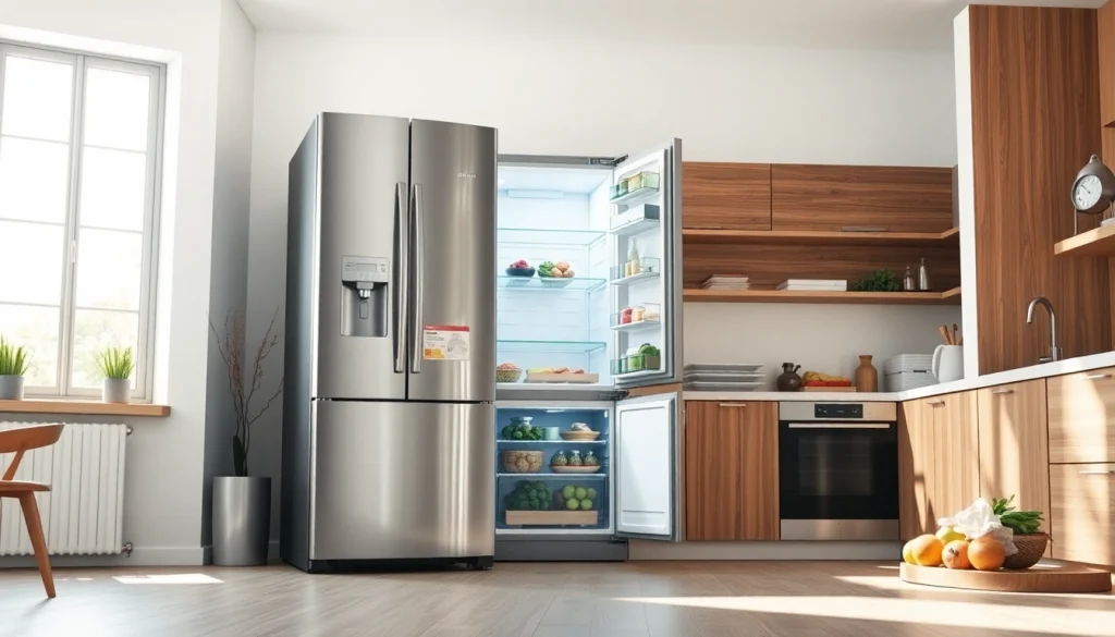 Enhancing visibility of refrigerator sales with a stylish modern refrigerator in a welcoming kitchen setting.