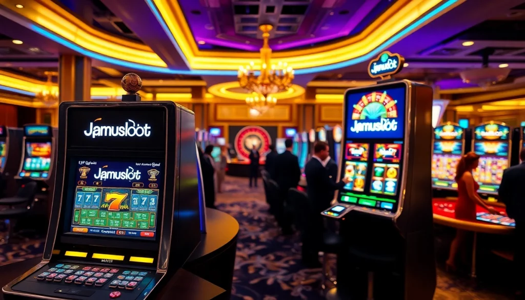 Experience the thrill of playing jamuslot on a luxurious casino floor filled with dynamic slot machines and vibrant casino atmosphere.