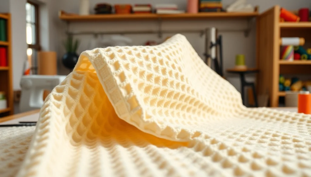 Creëer stijlvolle kleding met wafel katoenen stof, getoond in een handwerkwinkel met levendige kleuren.