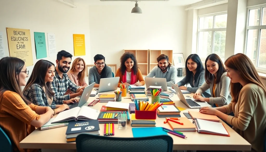 Students engaged in exam preparation activities around a table surrounded by textbooks and laptops.