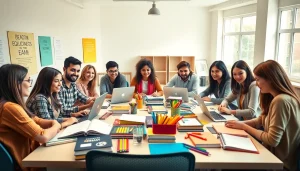 Students engaged in exam preparation activities around a table surrounded by textbooks and laptops.