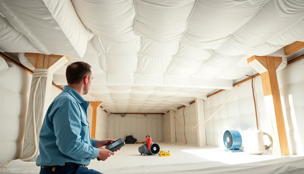 Crawl Space Restoration showcasing a clean environment with insulation and a technician inspecting.