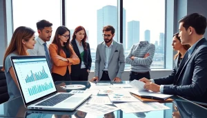 Engaged team at 슈어맨 discussing betting safety in a modern office.