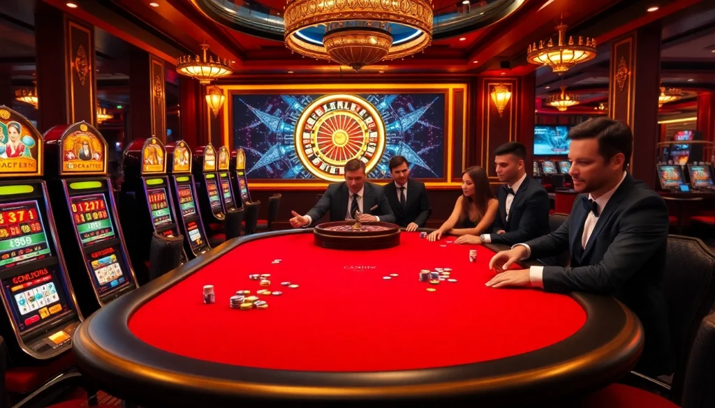Scène engageante de joueurs à une table de casino luxueuse, mettant en valeur l'atmosphère du meilleur casino en ligne.