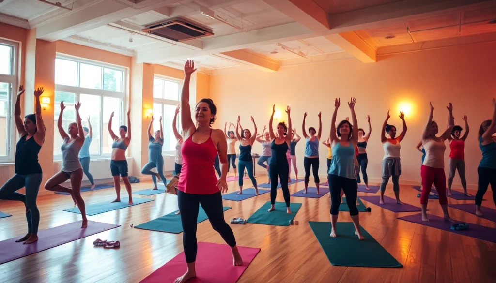 多様な参加者が穏やかなスタジオ環境でホットヨガセッションを楽しんでいる様子。