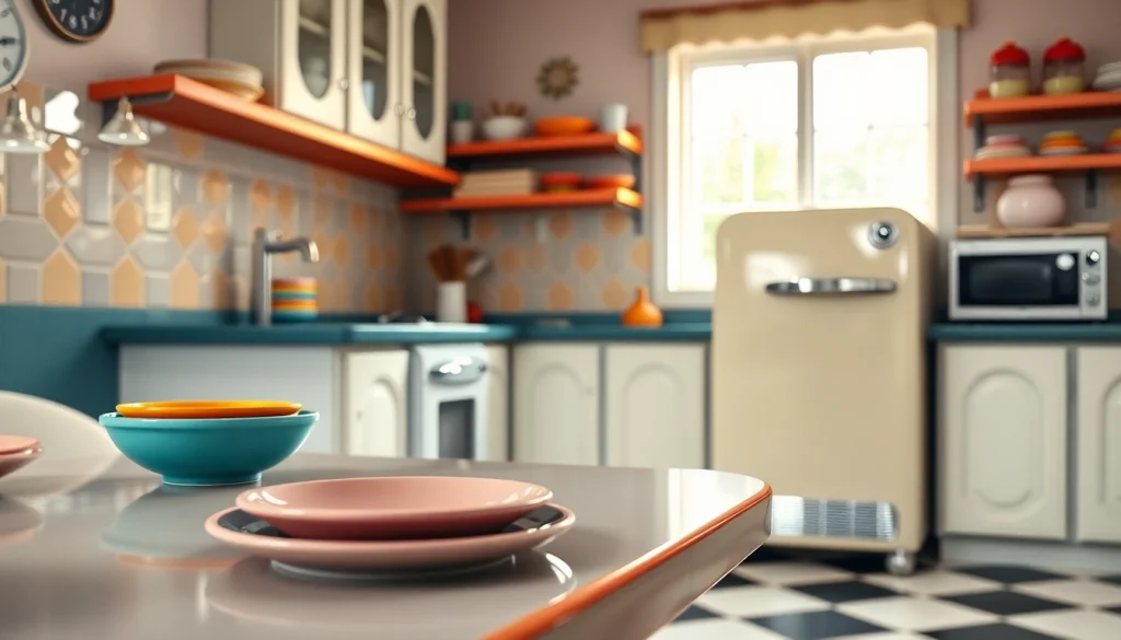 Featuring a stylish retro appliance, this vintage kitchen evokes nostalgia and charm.