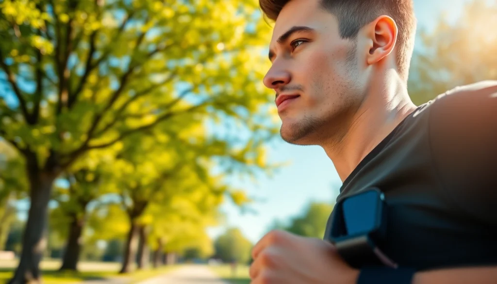 Fit individual showcasing a Pulse Smart Watch while running outdoors, illustrating fitness tracking.