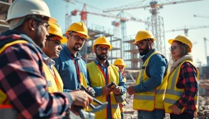 Engaged trainees practicing construction training programs at a vibrant construction site with safety gear.