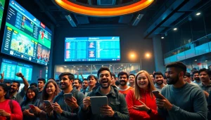 Vibrant sports betting scene at 토토스토리 with fans engaging in real-time betting activities.