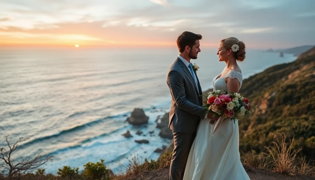 Big Sur wedding photographer captures intimate moment of a couple on a cliff.