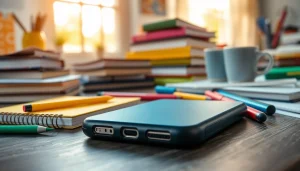 Moderne Handytasche Schule mit Schulmaterialien im Vordergrund auf einem Schreibtisch