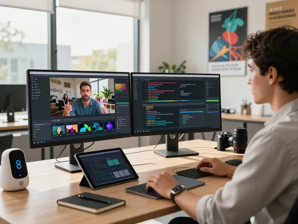 Dynamic scene showcasing a user utilizing the video to promptgenerator software, generating AI prompts from video content efficiently.