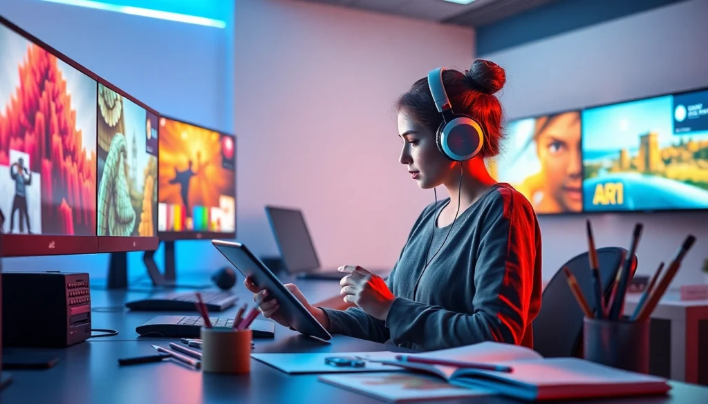 Vibrant scene showcasing a user using an image to prompt ai generator in a high-tech workspace.