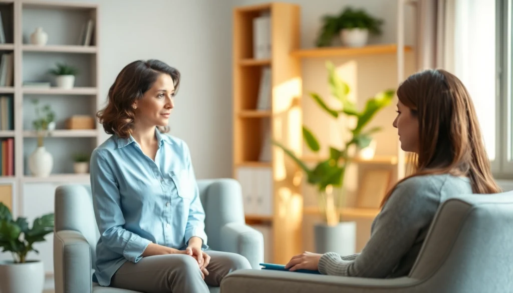 Anxiety symptoms illustrated through a comforting therapy session in a serene environment.