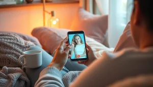 Engaging with an AI girlfriend on a digital device in a cozy, romantic setting.