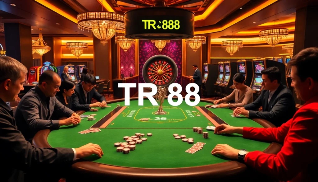 Players enjoying high-stakes poker at TR88 casino tables in a vibrant setting.