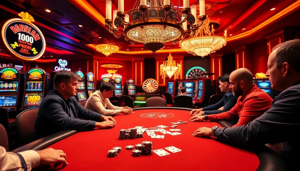 Joueurs engagés à une table de poker à enjeux élevés dans un cadre luxueux de meilleur casino en ligne.