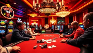 Joueurs engagés à une table de poker à enjeux élevés dans un cadre luxueux de meilleur casino en ligne.