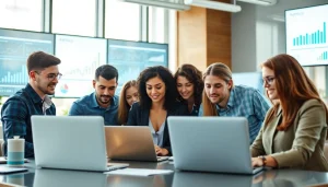 Boost your edmonton seo with a collaborative SEO team analyzing strategies in a bright office.