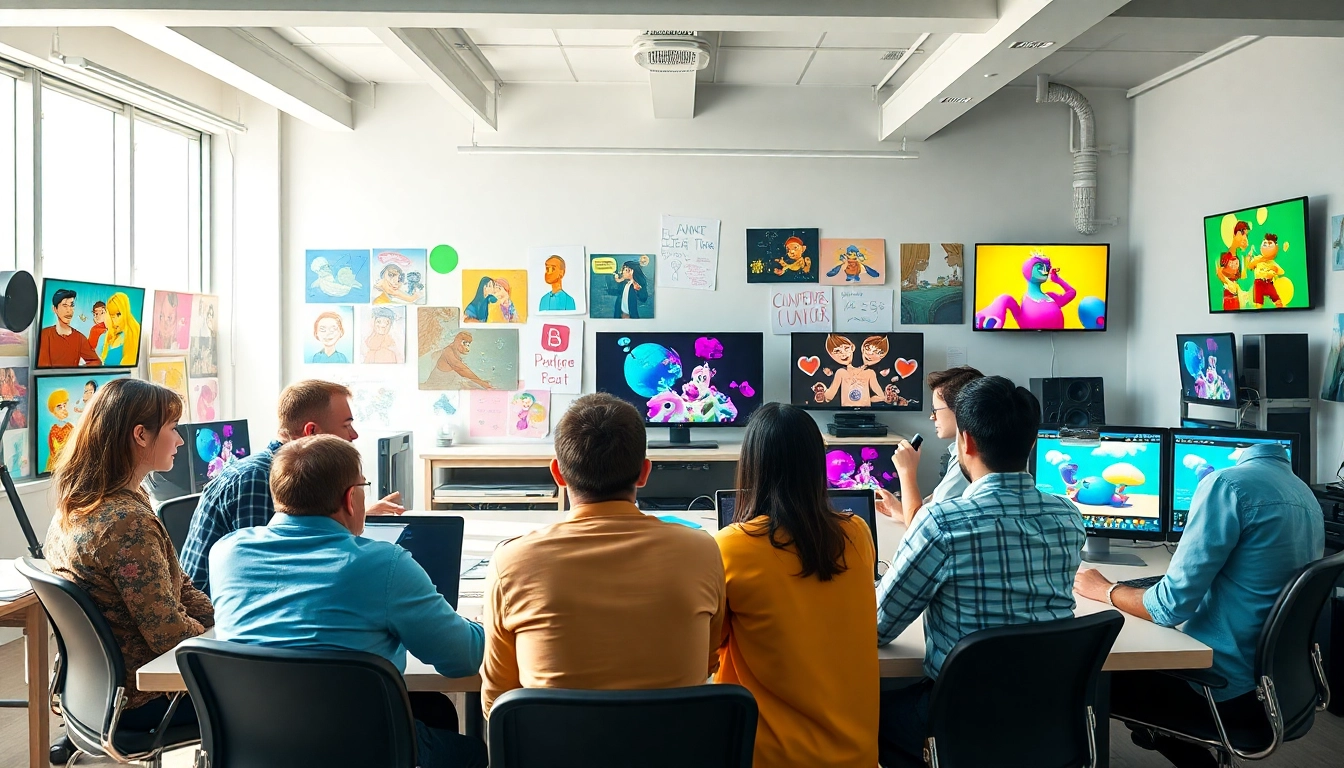 Animationsagentur zeigt kreative Zusammenarbeit in einem modernen Studio mit bunten Storyboards.