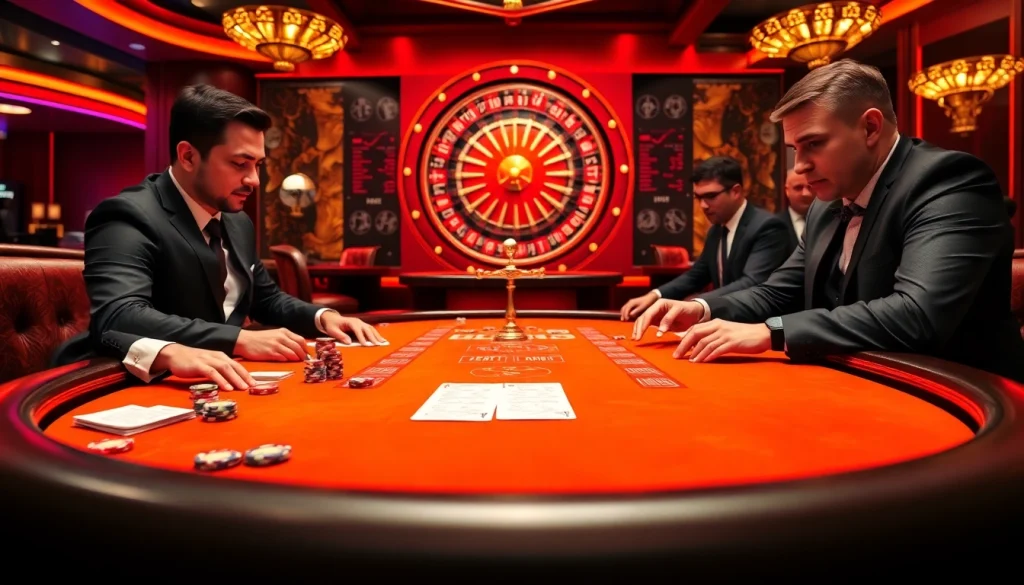 RR88 poker players engaged in an exciting game with colorful chips and dynamic setting.