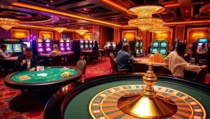 Le sol de jeu vibrant d'un meilleur casino en ligne, featuring roulette, tables de poker et machines à sous.
